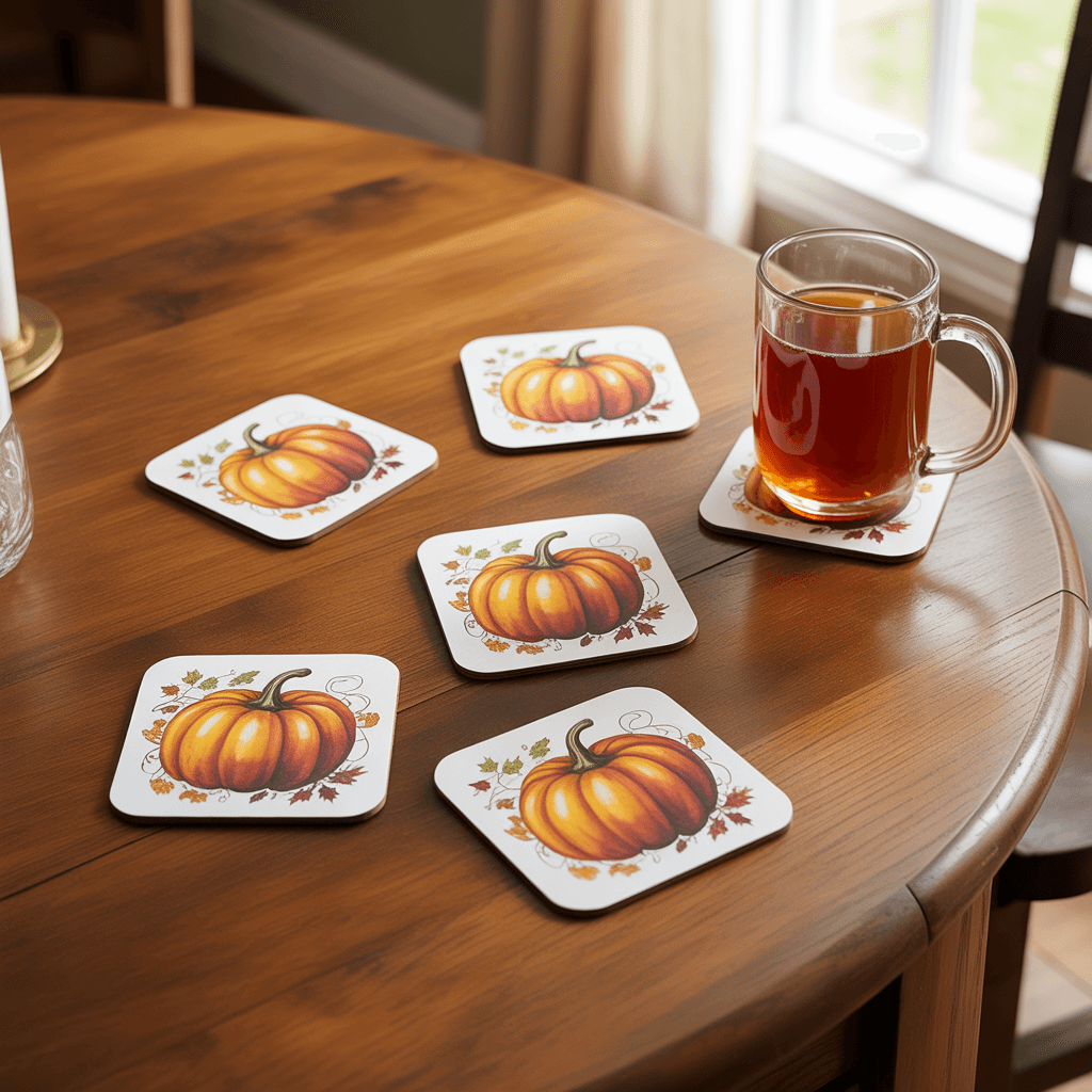 Fall Printable Coaster Set with pumpkin design on a dining table.
