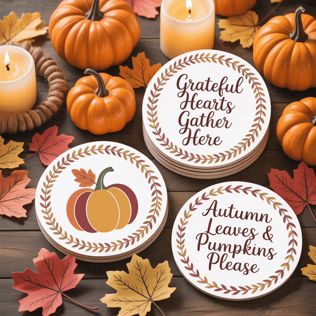 Fall Printable Coaster Set with quote design on a party table.