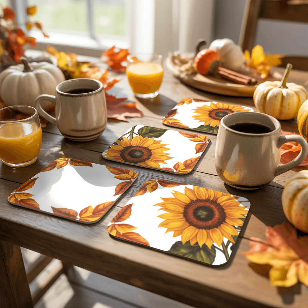 Fall Printable Coaster Set with sunflower design on a brunch table.