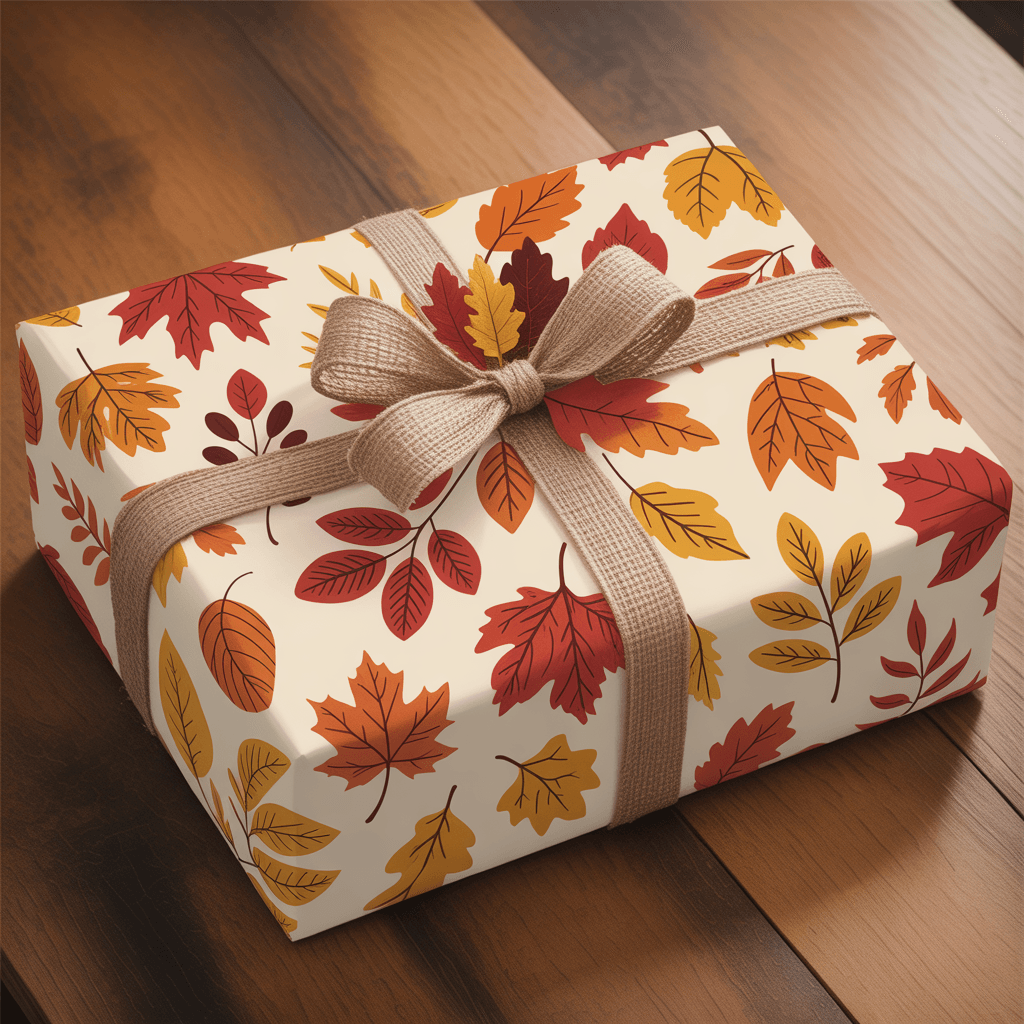 10 Charming Fall Printable Gift Wrap for Autumn Presents 3 Fall Printable Gift Wrap with autumn leaves on a gift box.