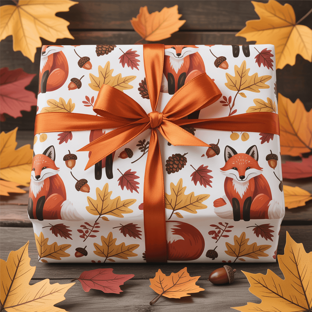 10 Charming Fall Printable Gift Wrap for Autumn Presents 8 Fall Printable Gift Wrap with fox design on a present.