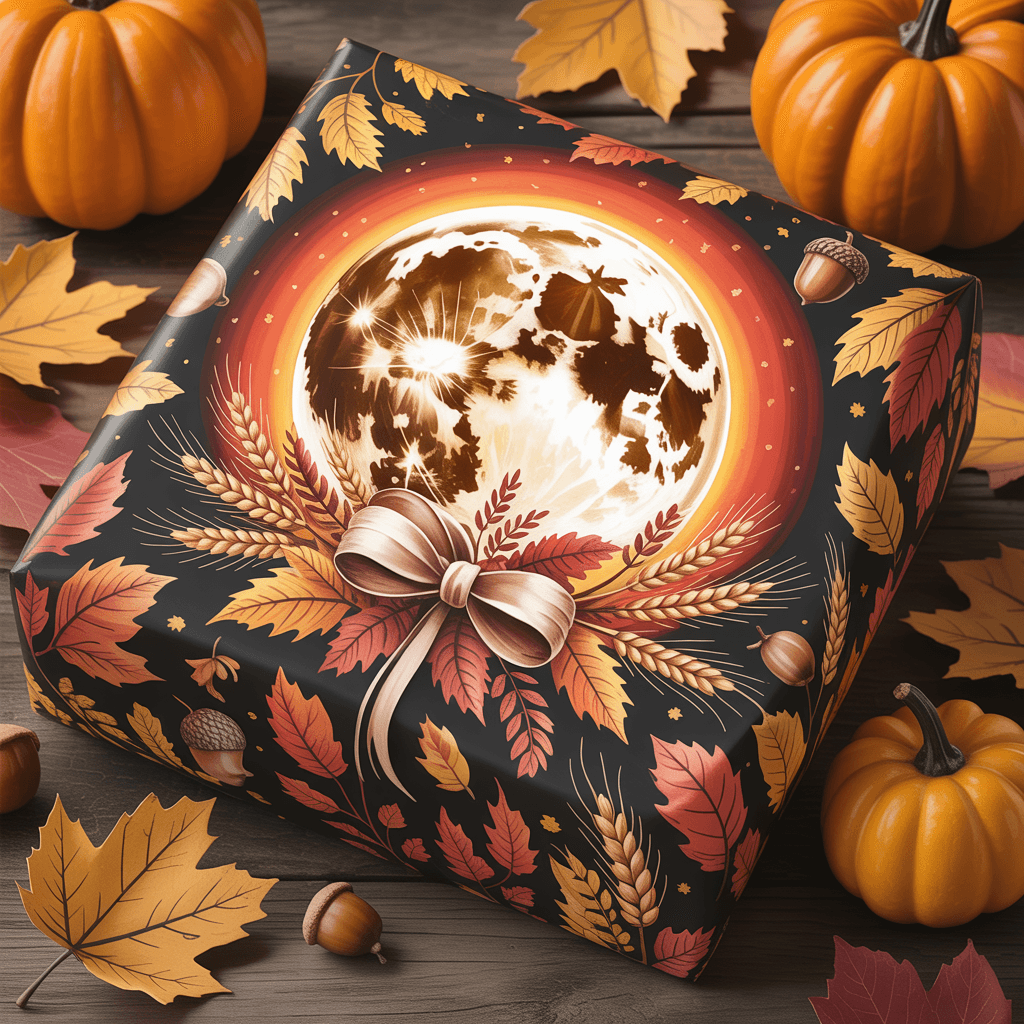 10 Charming Fall Printable Gift Wrap for Autumn Presents 9 Fall Printable Gift Wrap with harvest moon on a gift box.