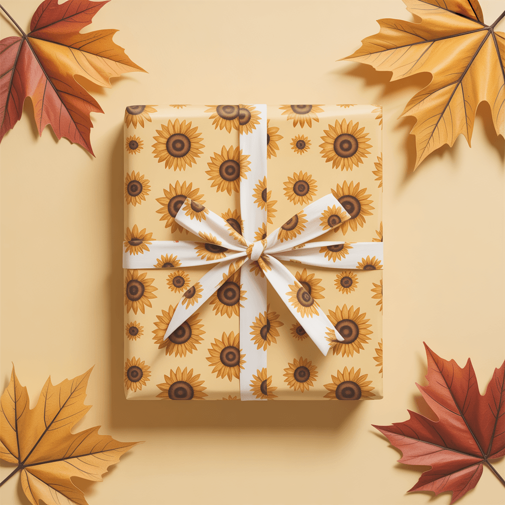 10 Charming Fall Printable Gift Wrap for Autumn Presents 6 Fall Printable Gift Wrap with sunflower bloom on a gift box.