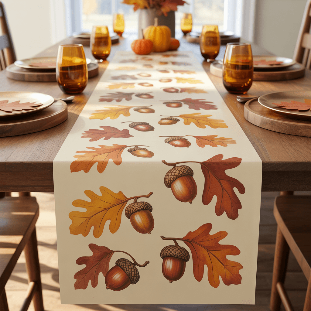 Fall Printable Table Runner with acorn design on a party table.