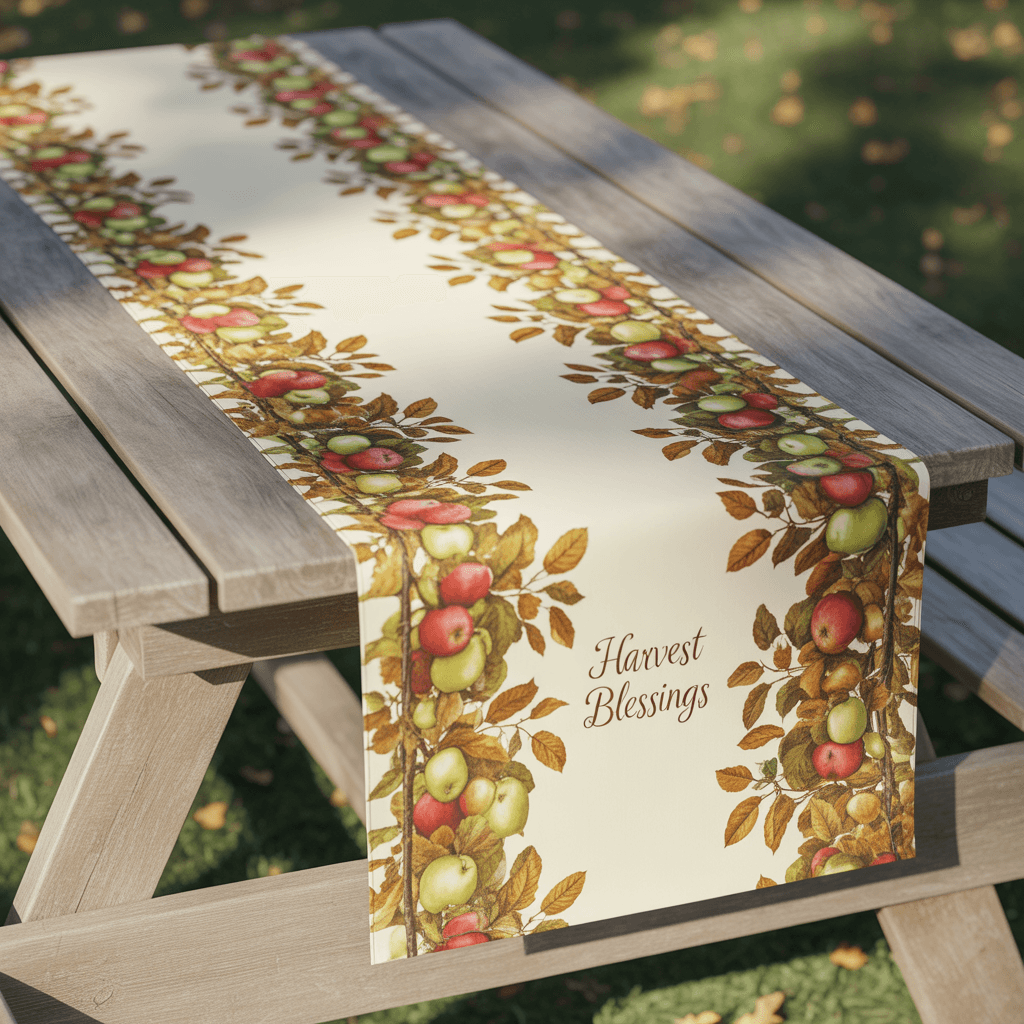 Fall Printable Table Runner with apple orchard design on a picnic table.