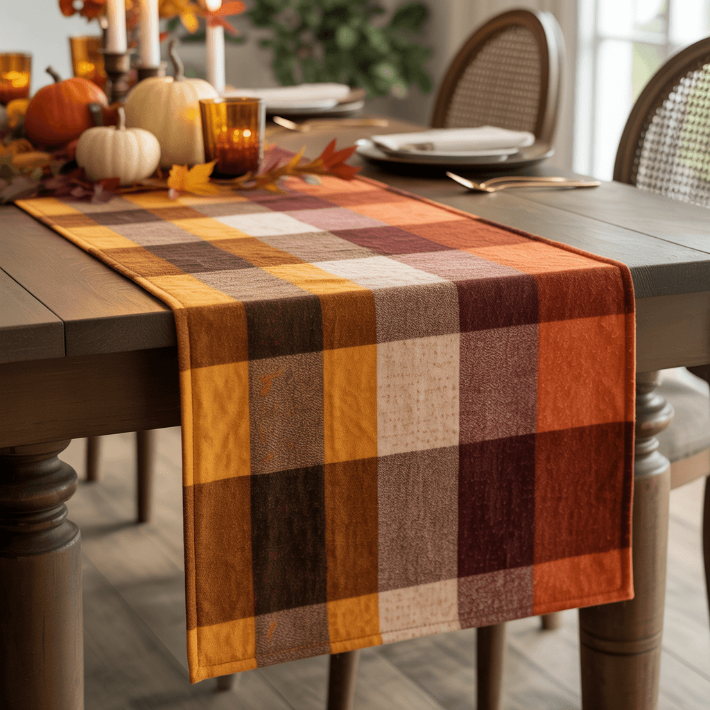 Fall Printable Table Runner with blanket design on a dining table.