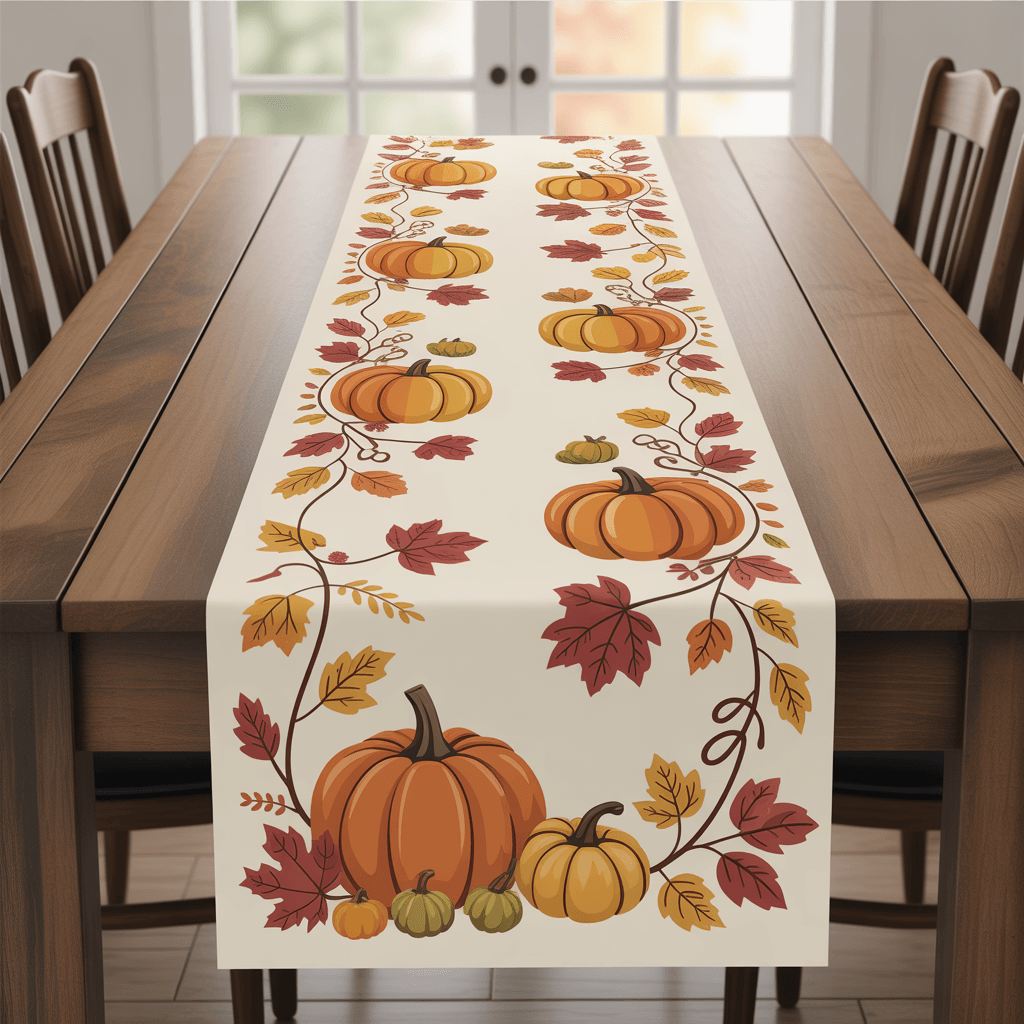 Fall Printable Table Runner with pumpkin patch design on a table.