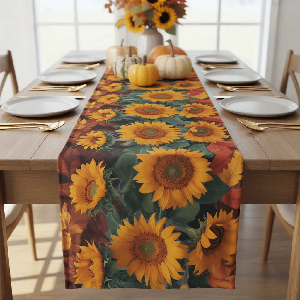 Fall Printable Table Runner with sunflower design on a brunch table.