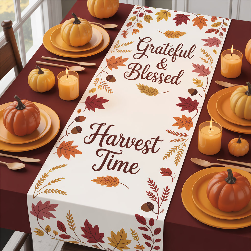  Fall Printable Table Runner with typography design on a party table.