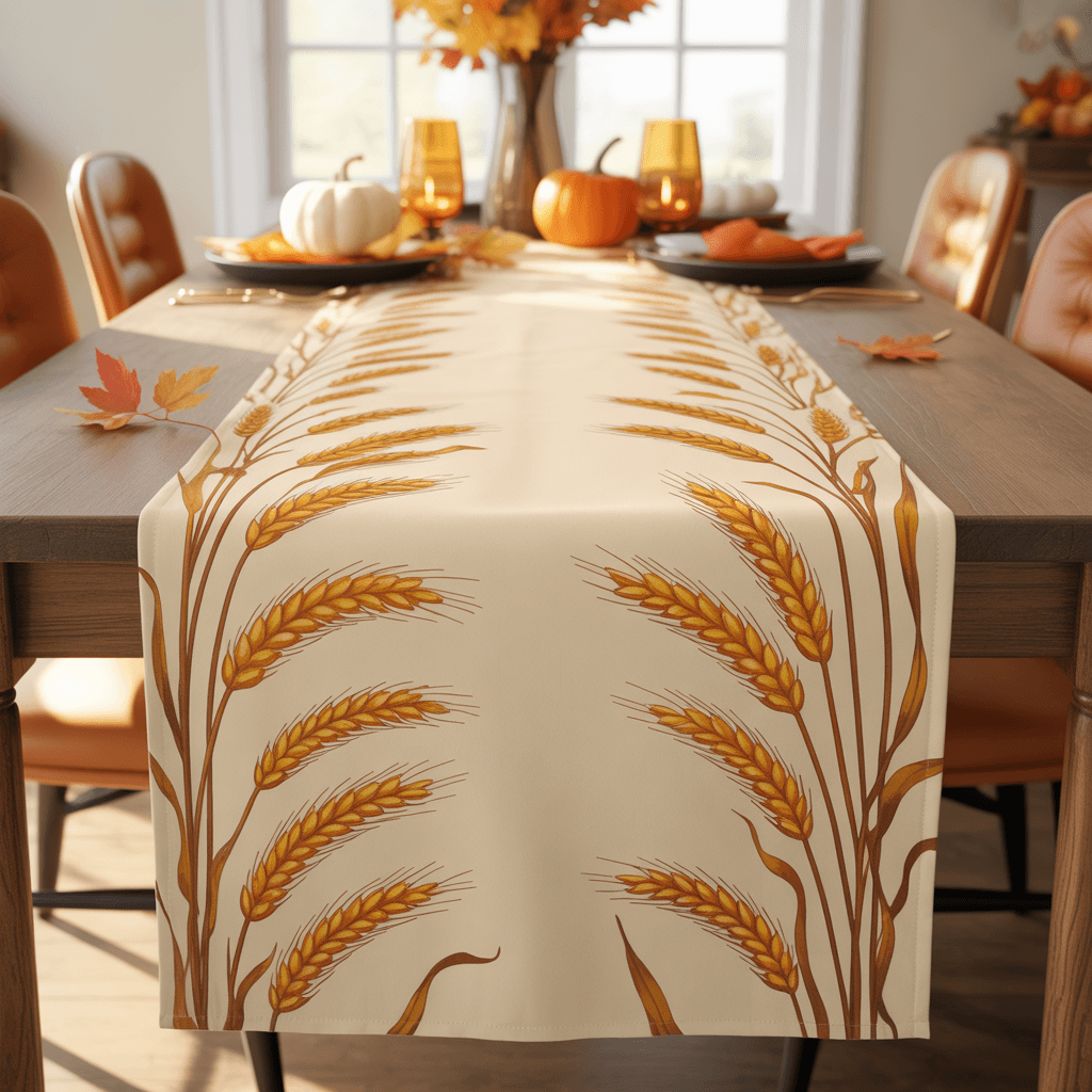 Fall Printable Table Runner with wheat stalk design in a dining room.