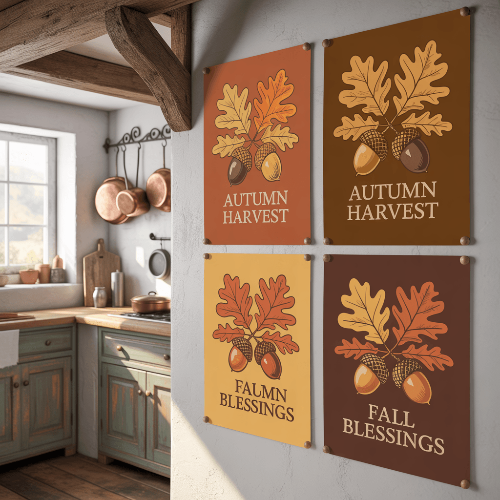 Fall Wall Posters with acorn design in a rustic kitchen.