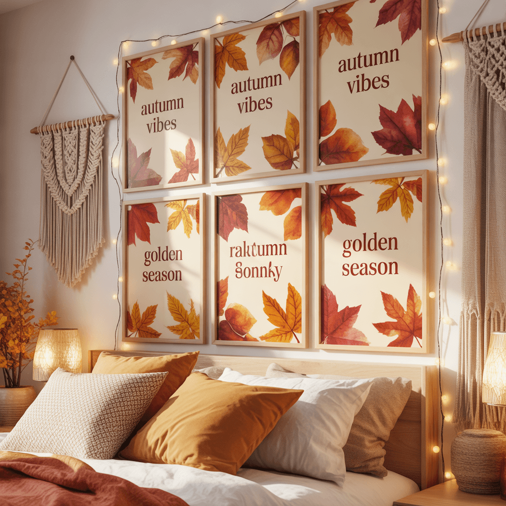 Fall Wall Posters with autumn leaves design in a boho bedroom.