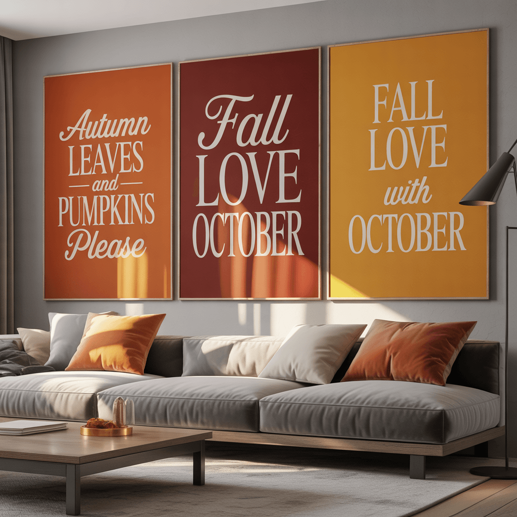 Fall Wall Posters with quote typography in a modern living room.