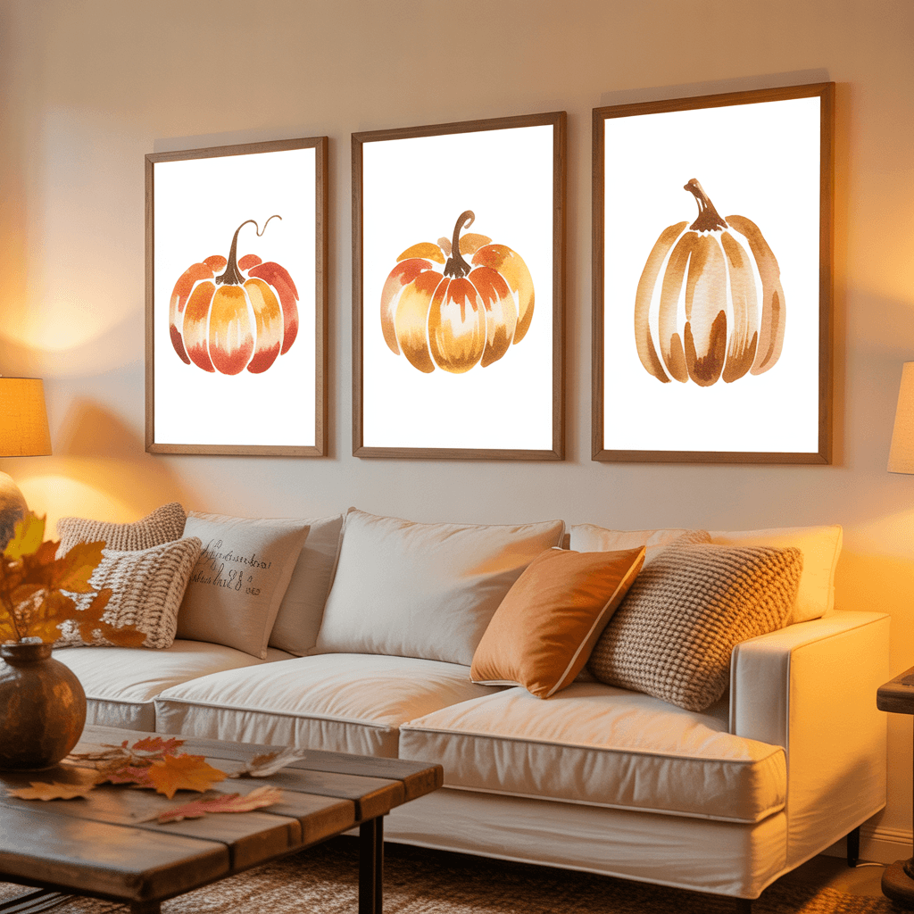 Fall Wall Posters with watercolor pumpkin design in a cozy living room.