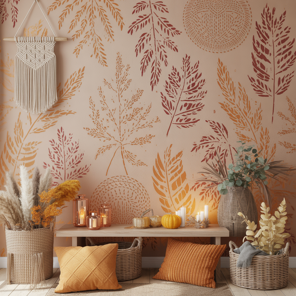 10 Cozy Boho Fall Home Décor Ideas with Free Wall Art Printables 11 Fall accent wall with printable stencil in a Boho Fall Home Décor setup.