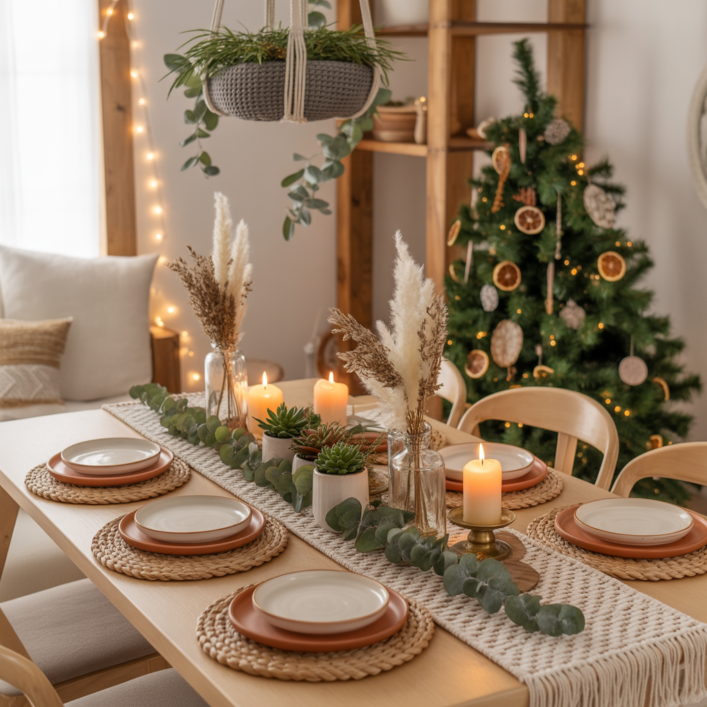 10 Stunning Boho Christmas Décor Ideas for a Whimsical Holiday Look 8 Festive boho tablescape in a Boho Christmas Décor Ideas dining area.