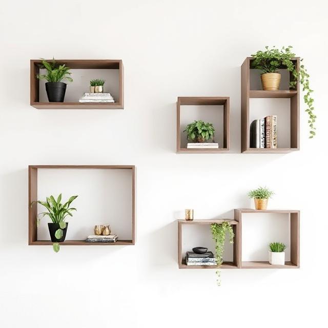  Floating box shelves in geometric arrangement with decorative items