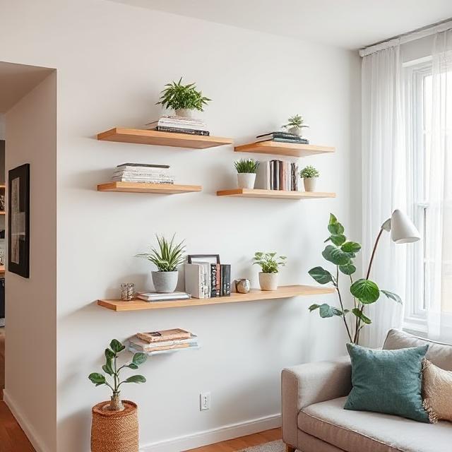 Floating shelves holding books and décor in a small room