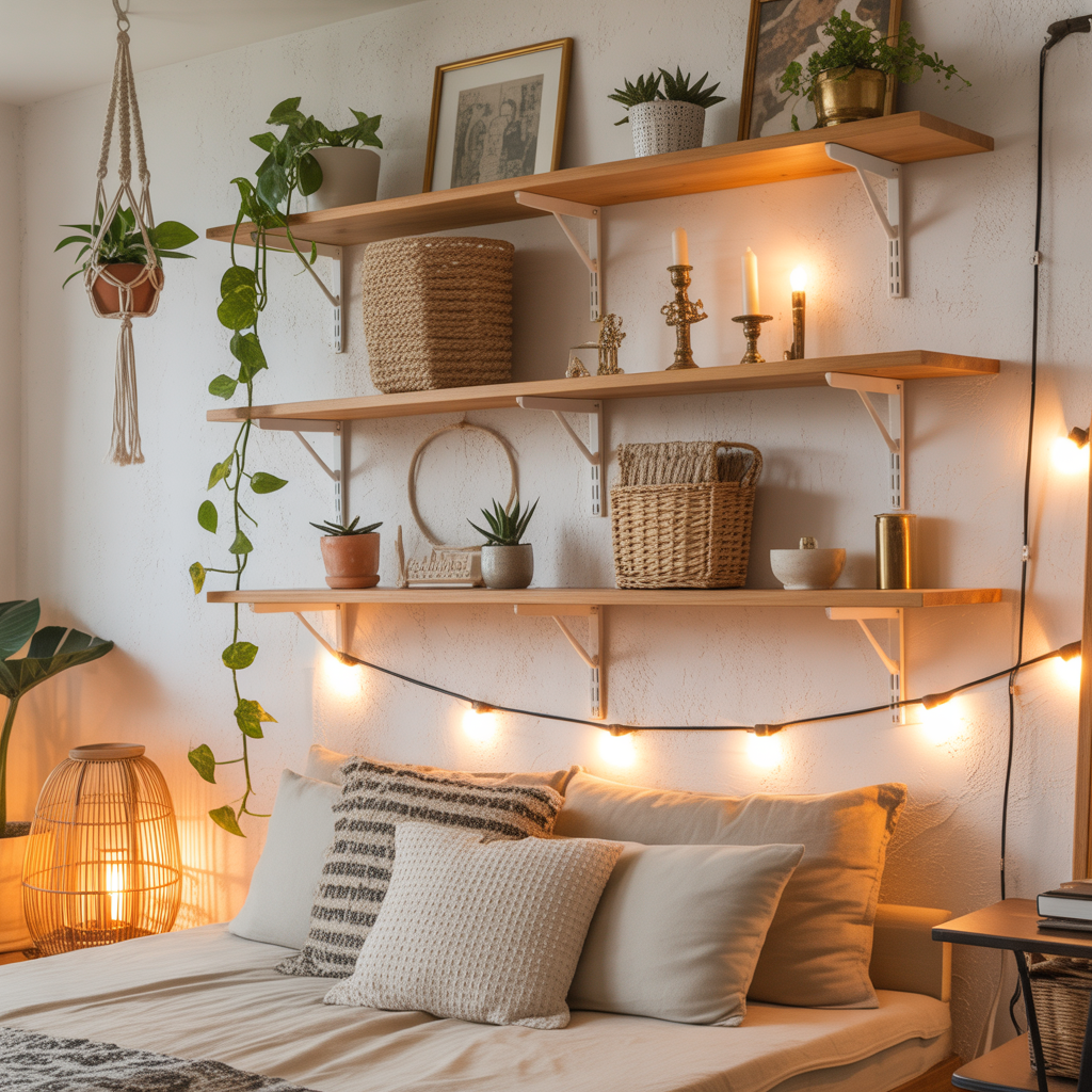 10 Best Boho Studio Apartment Ideas to Maximize Small Spaces 5 Floating shelves with boho decor in a Boho Studio Apartment Ideas small space.