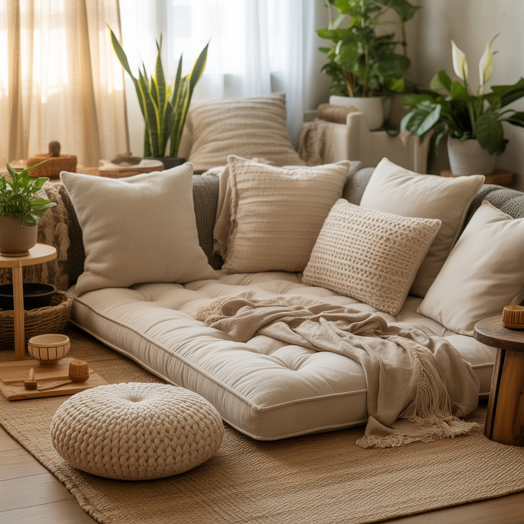 10 Beautiful Boho Meditation Corner Ideas You Can Create at Home 3 Floor-style Boho Meditation Corner with layered cushions and blankets.