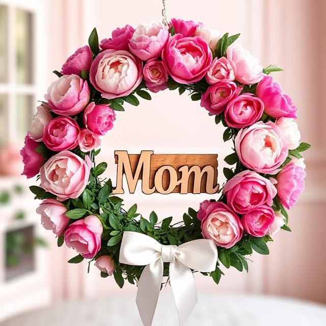 Floral Mother’s Day wreath gift with peonies and wooden Mom sign