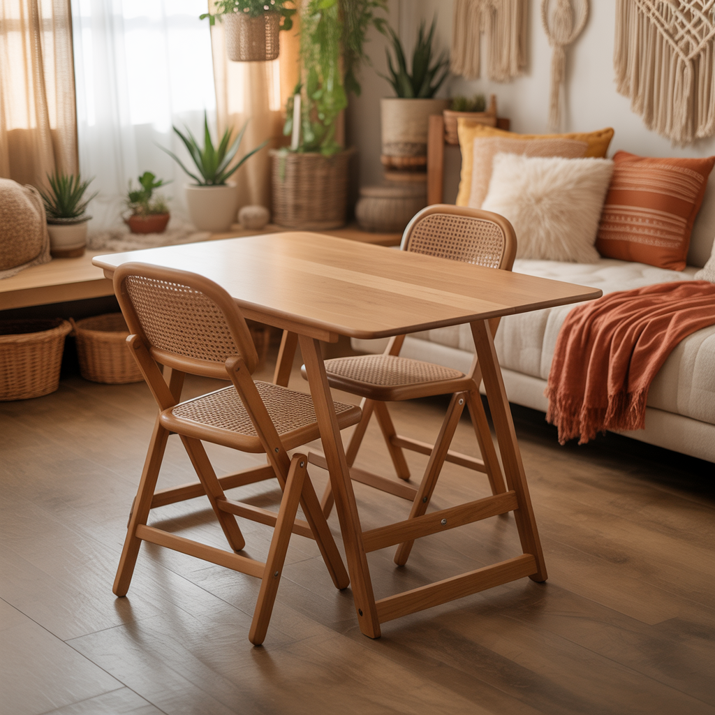 10 Best Boho Studio Apartment Ideas to Maximize Small Spaces 7 Foldable dining table in a Boho Studio Apartment Ideas setup for a small space.