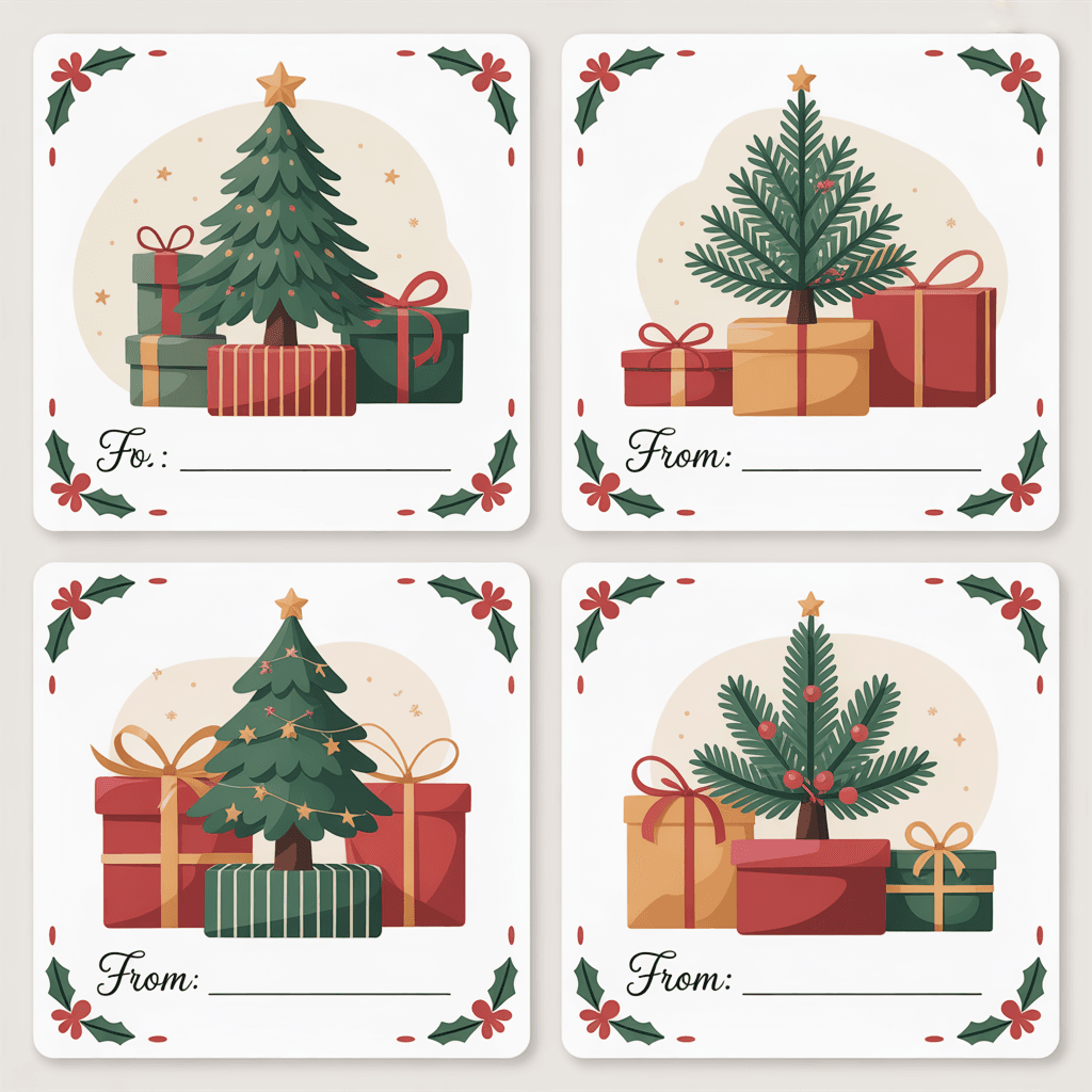 Free Printable Christmas Gift Tags with Christmas tree on a present.
