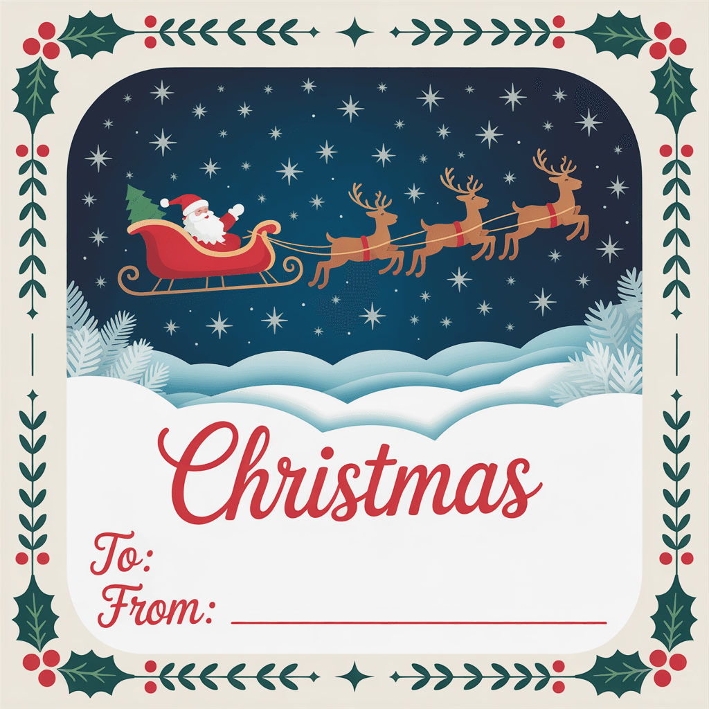 Free Printable Christmas Gift Tags with Santa’s sleigh on a present.