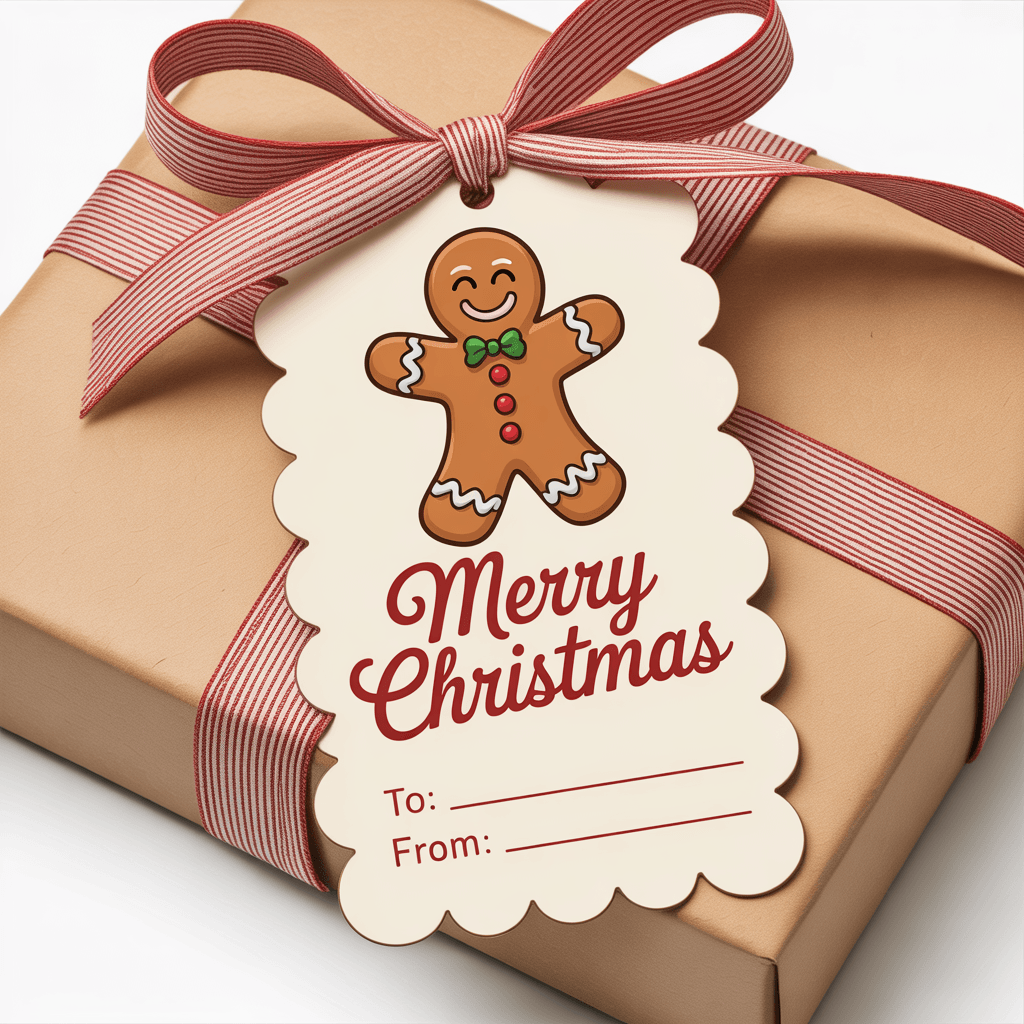 Free Printable Christmas Gift Tags with gingerbread man on a gift.