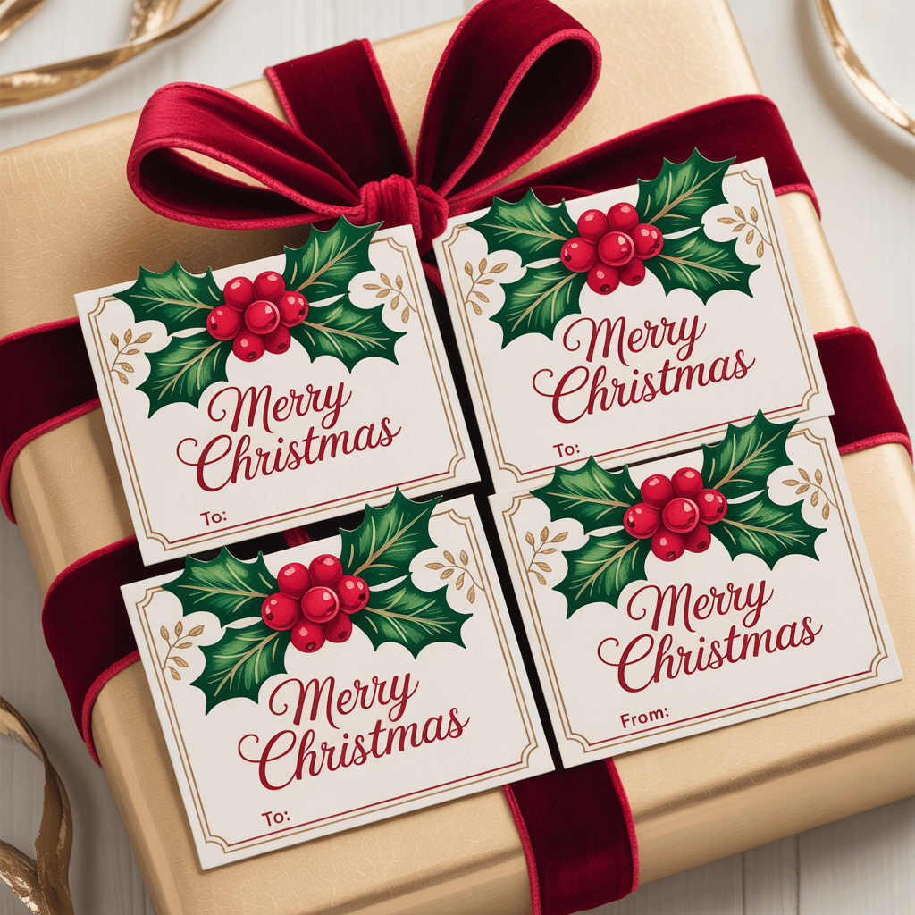 Free Printable Christmas Gift Tags with holly berry on a gift box.