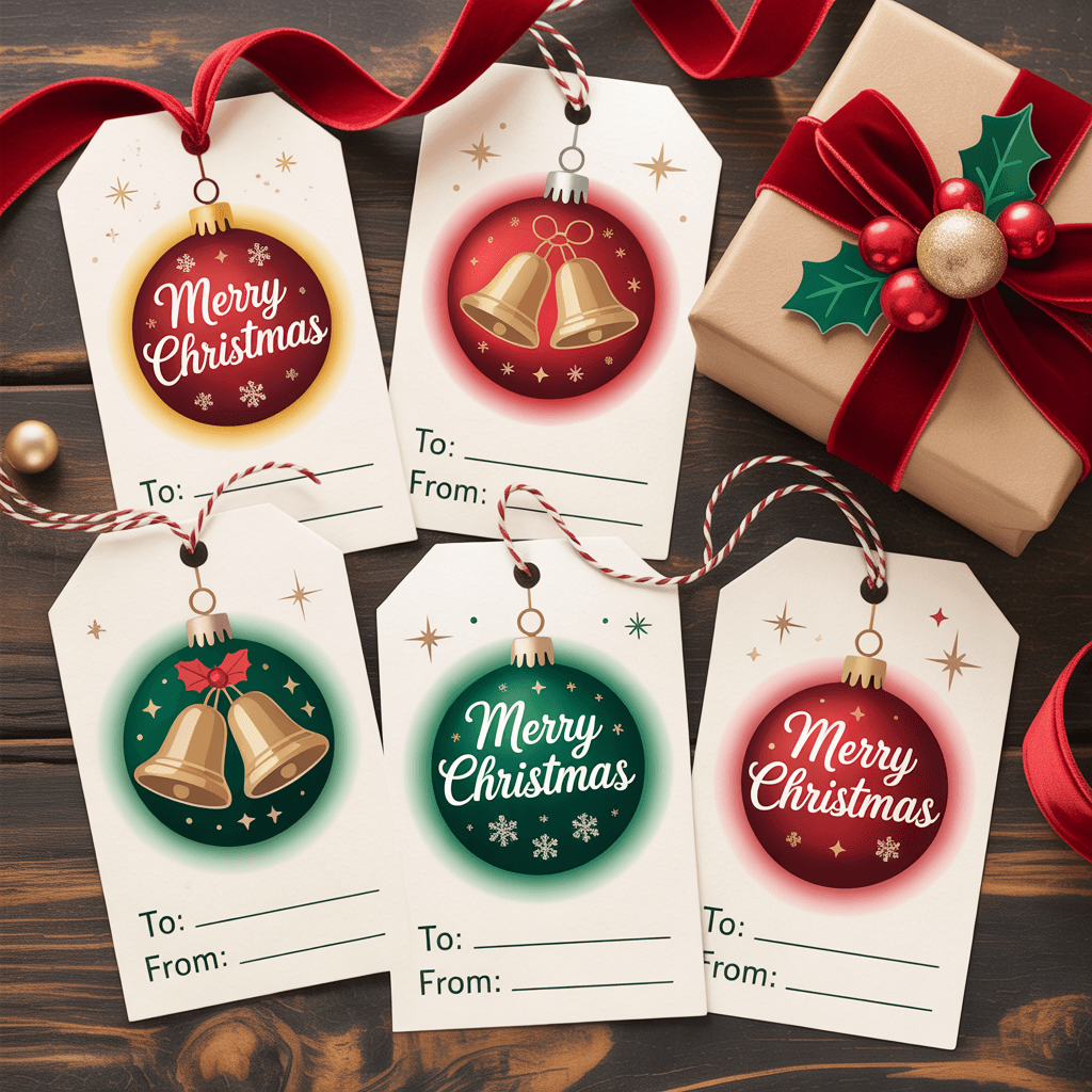 Free Printable Christmas Gift Tags with ornament glow on a present.