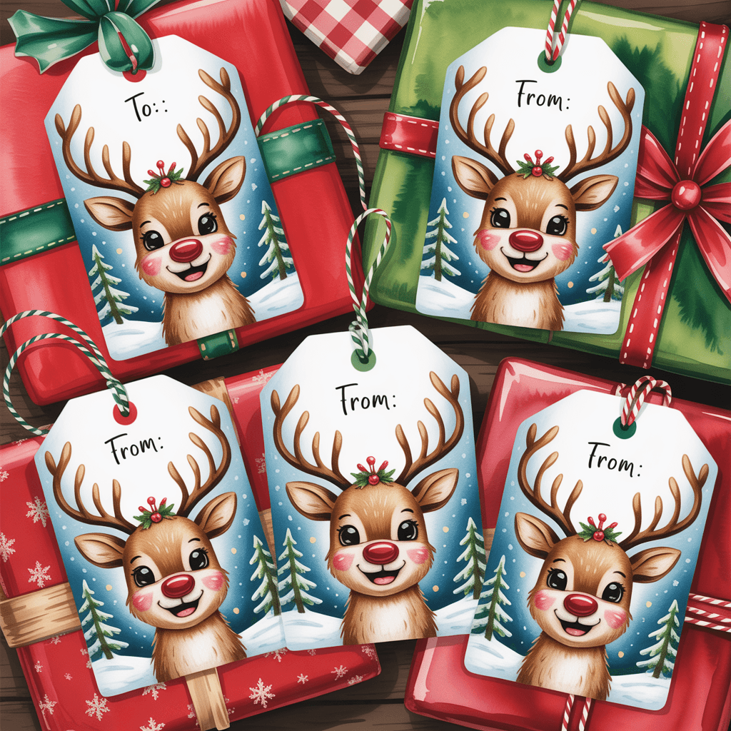  Free Printable Christmas Gift Tags with reindeer glow on a present.