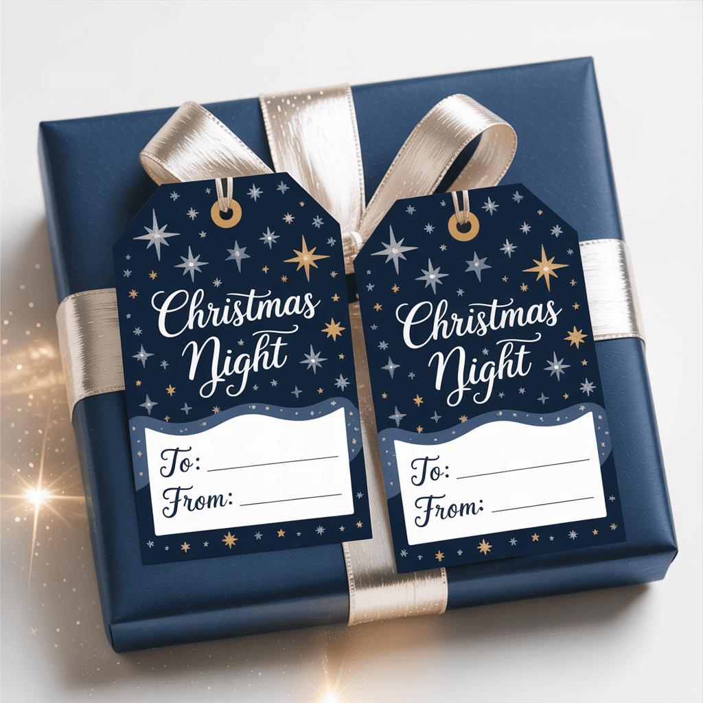 Free Printable Christmas Gift Tags with starry night on a gift box.