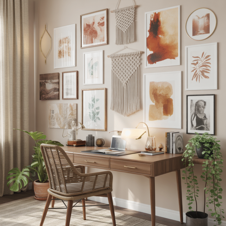 Gallery wall of bohemian art in a Modern Boho Home Office Ideas workspace.