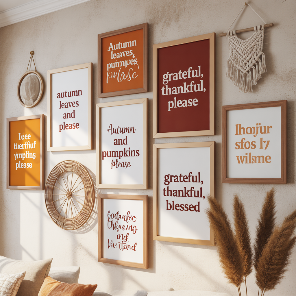 10 Cozy Boho Fall Home Décor Ideas with Free Wall Art Printables 7 Gallery wall with fall quote printables in a Boho Fall Home Décor display.