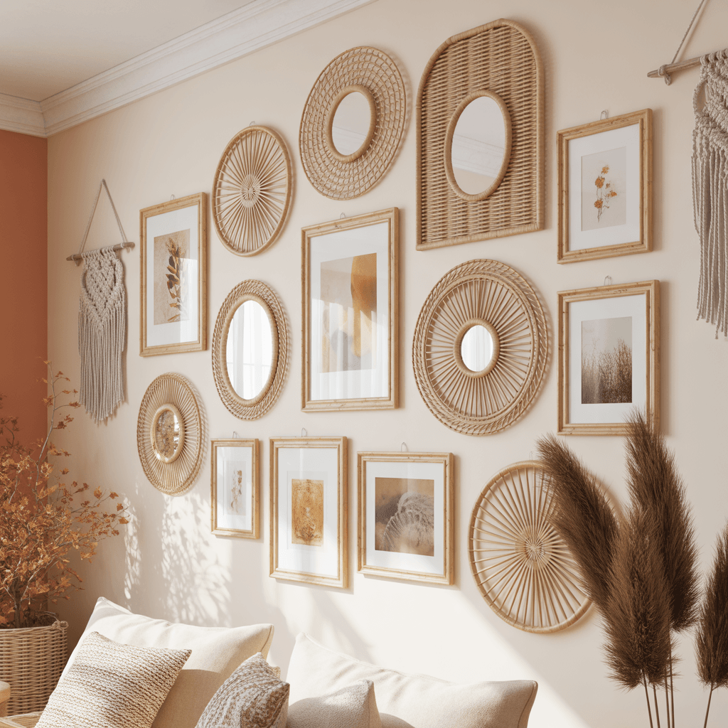 Gallery wall with rattan frames in a Boho Aesthetic Room Décor space.