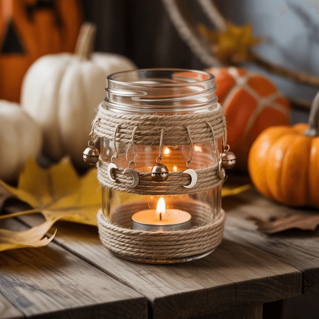 Glass jar candle holder wrapped with twine and moon charms.