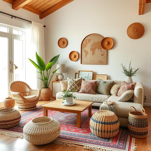 20 Modern Boho Home Décor Ideas for a Stylish 2025 Makeover 12 Global boho living room with woven baskets and ethnic-patterned textiles.