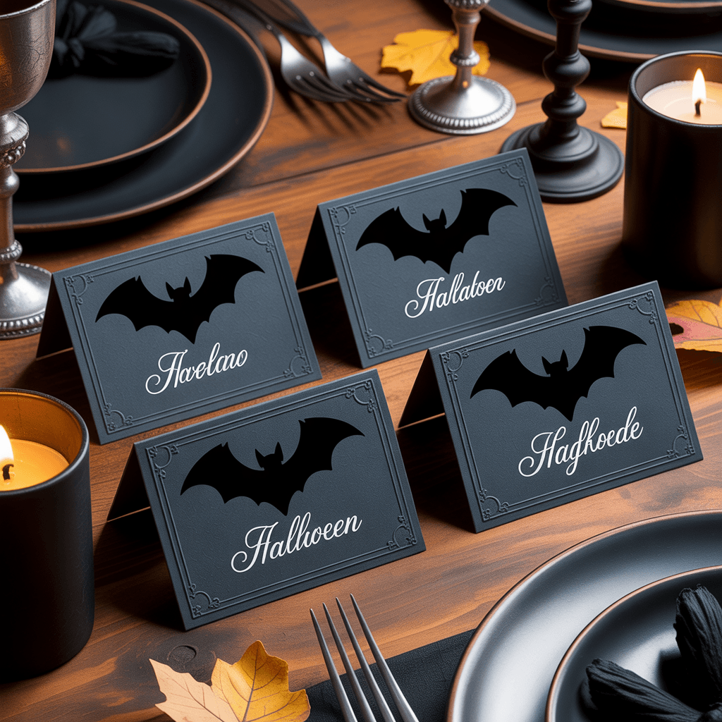 Gothic Halloween Place Cards with bat silhouette on a party table.