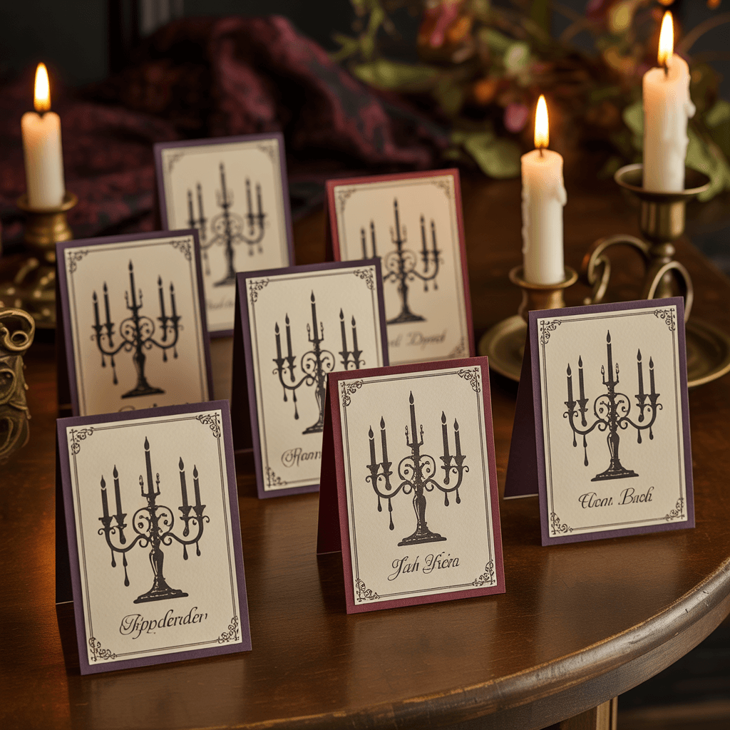 Gothic Halloween Place Cards with candelabra design on a table.