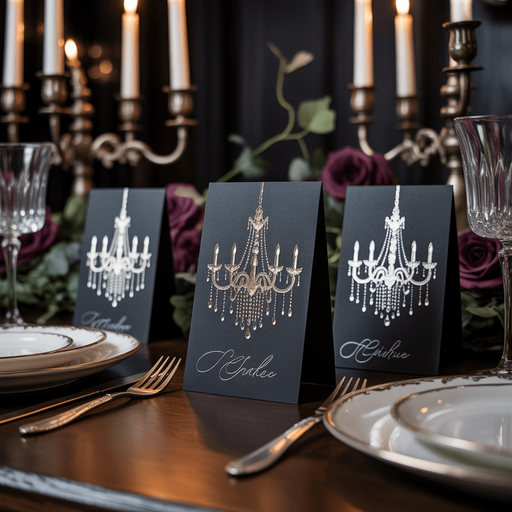 Gothic Halloween Place Cards with chandelier design on a table
