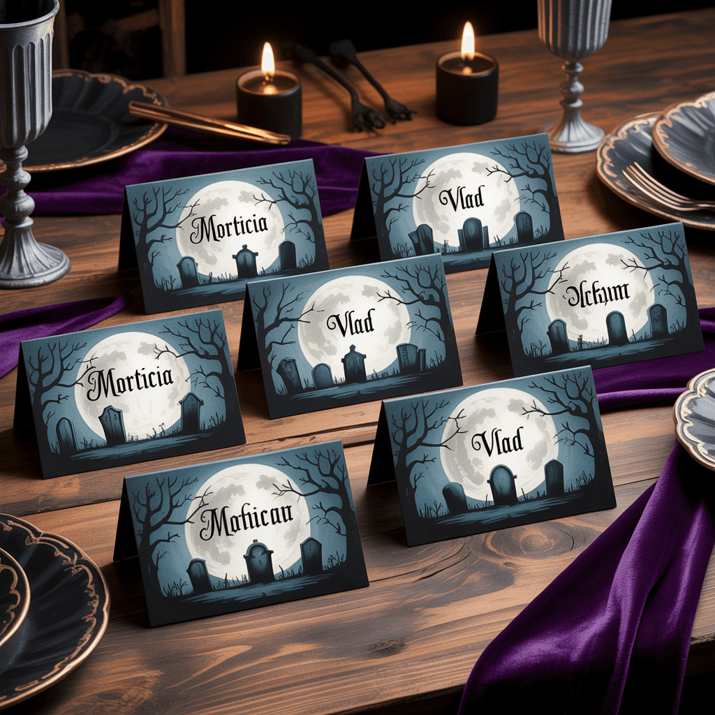  Gothic Halloween Place Cards with moonlit grave on a party table.