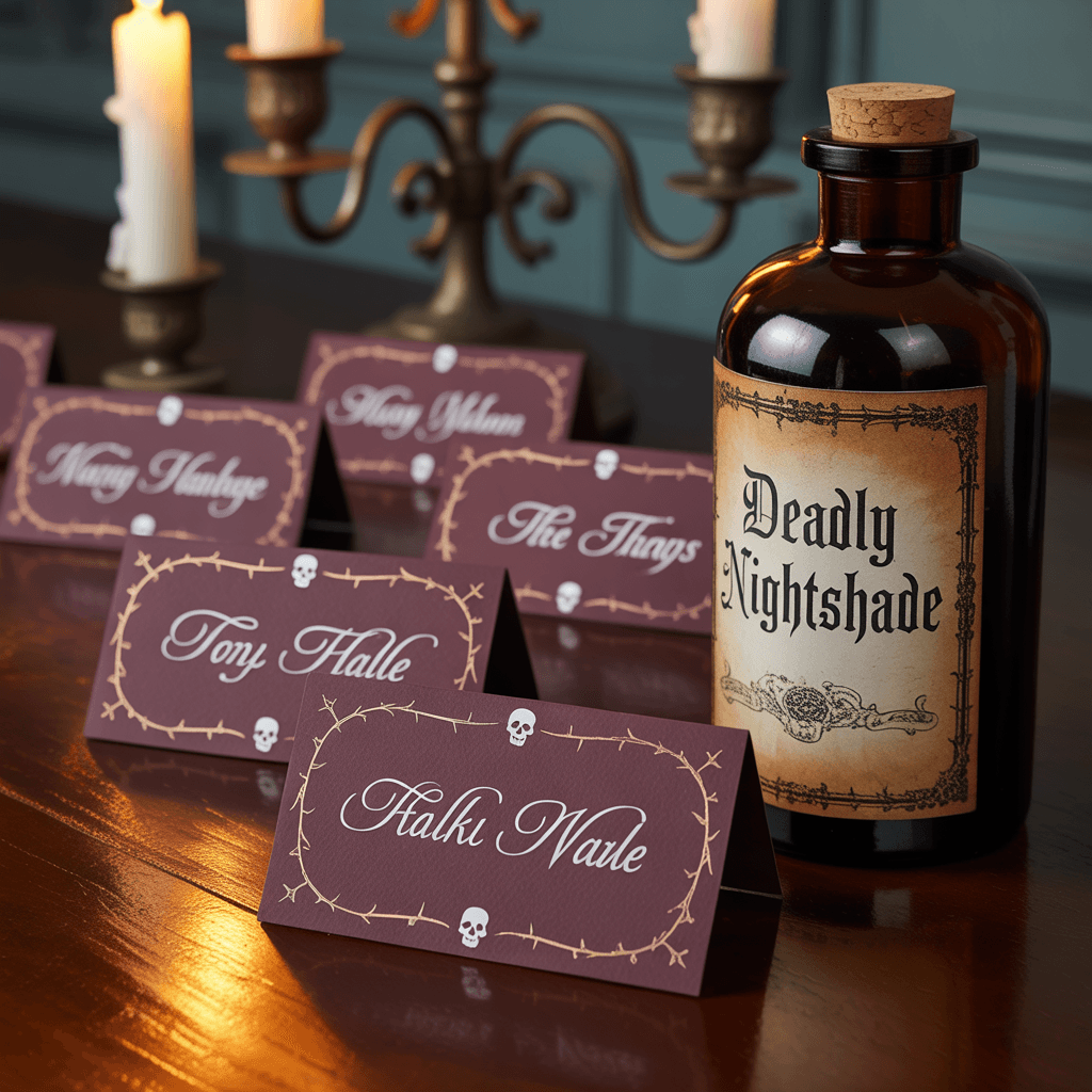  Gothic Halloween Place Cards with poison bottle on a dining table.