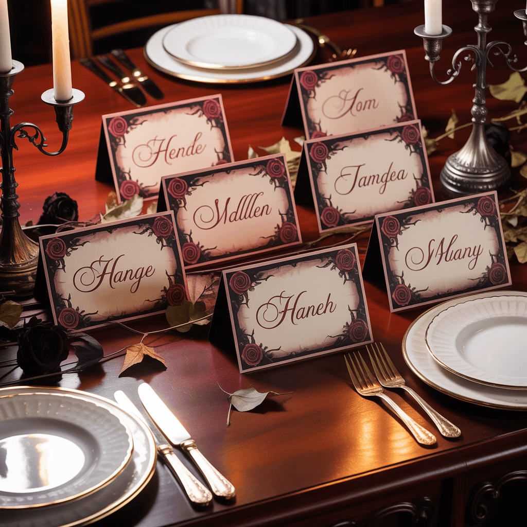 Gothic Halloween Place Cards with rose frame on a dining table.