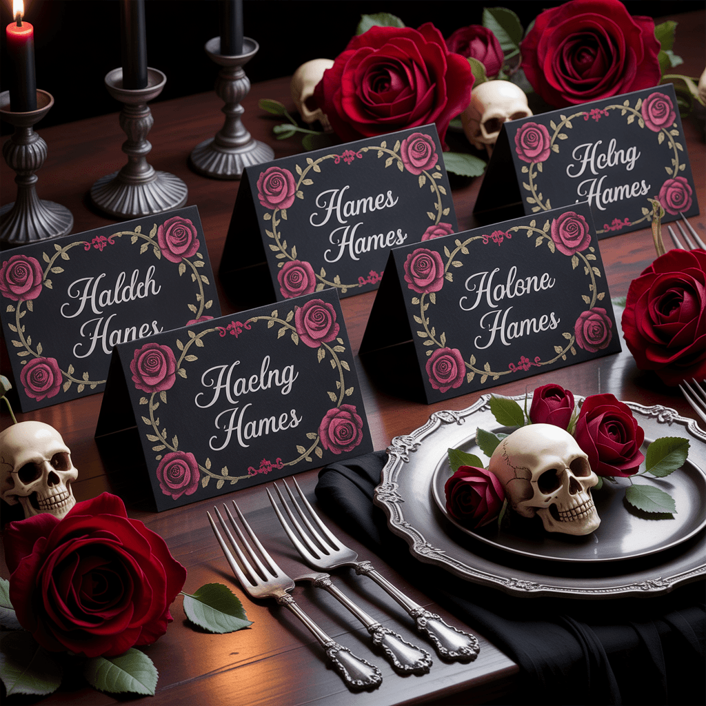 Gothic Halloween Place Cards with skull and roses on a dining table.