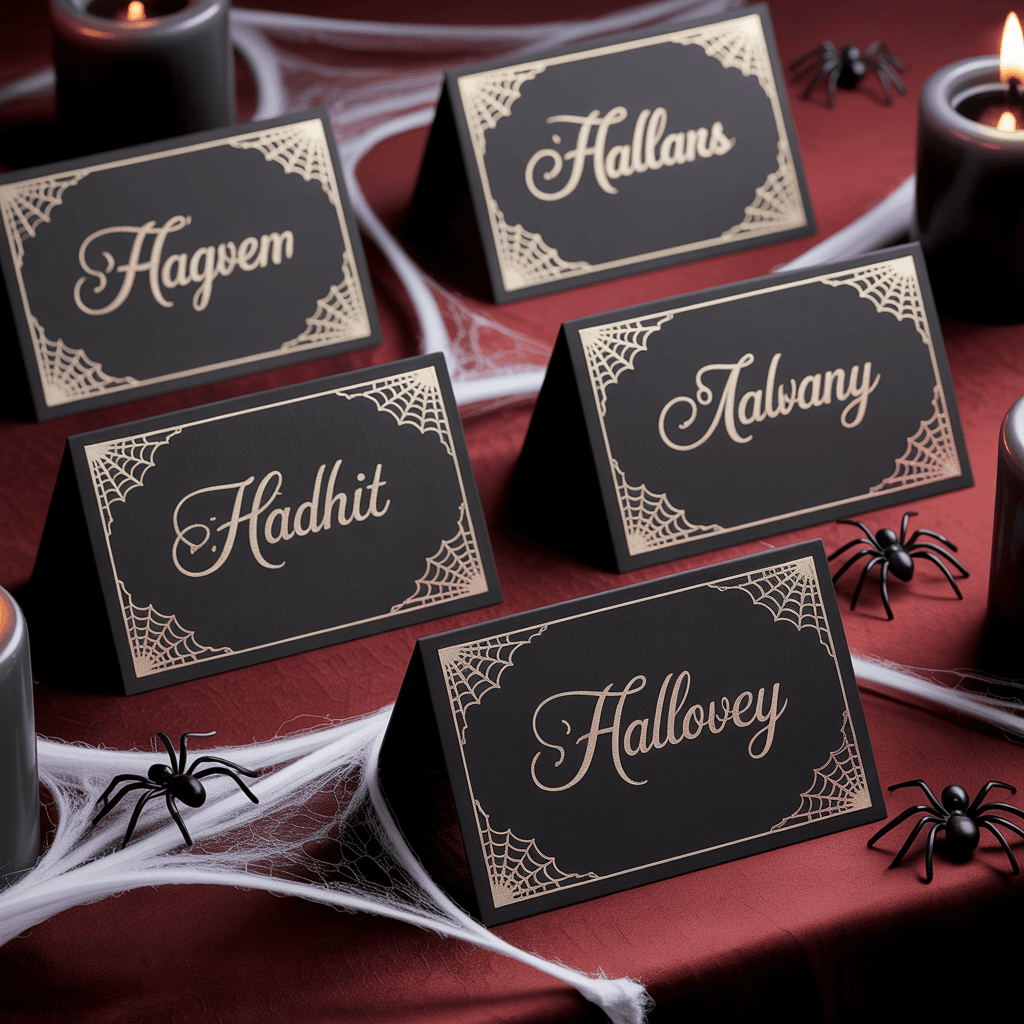 Gothic Halloween Place Cards with spider web on a party table.