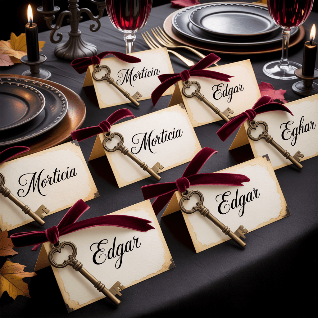 Gothic Halloween Place Cards with vintage key on a dining table.