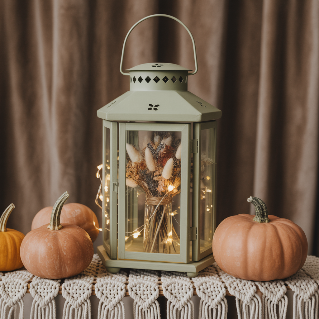 10 DIY Halloween Boho Centerpieces for a Festive Table 10 Halloween Boho Centerpiece with a sage-painted lantern.