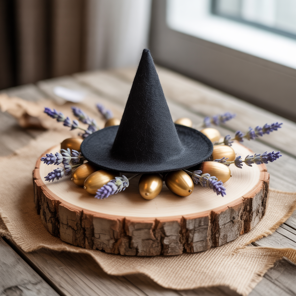 10 DIY Halloween Boho Centerpieces for a Festive Table 11 Halloween Boho Centerpiece with a witch hat on a wood slice.