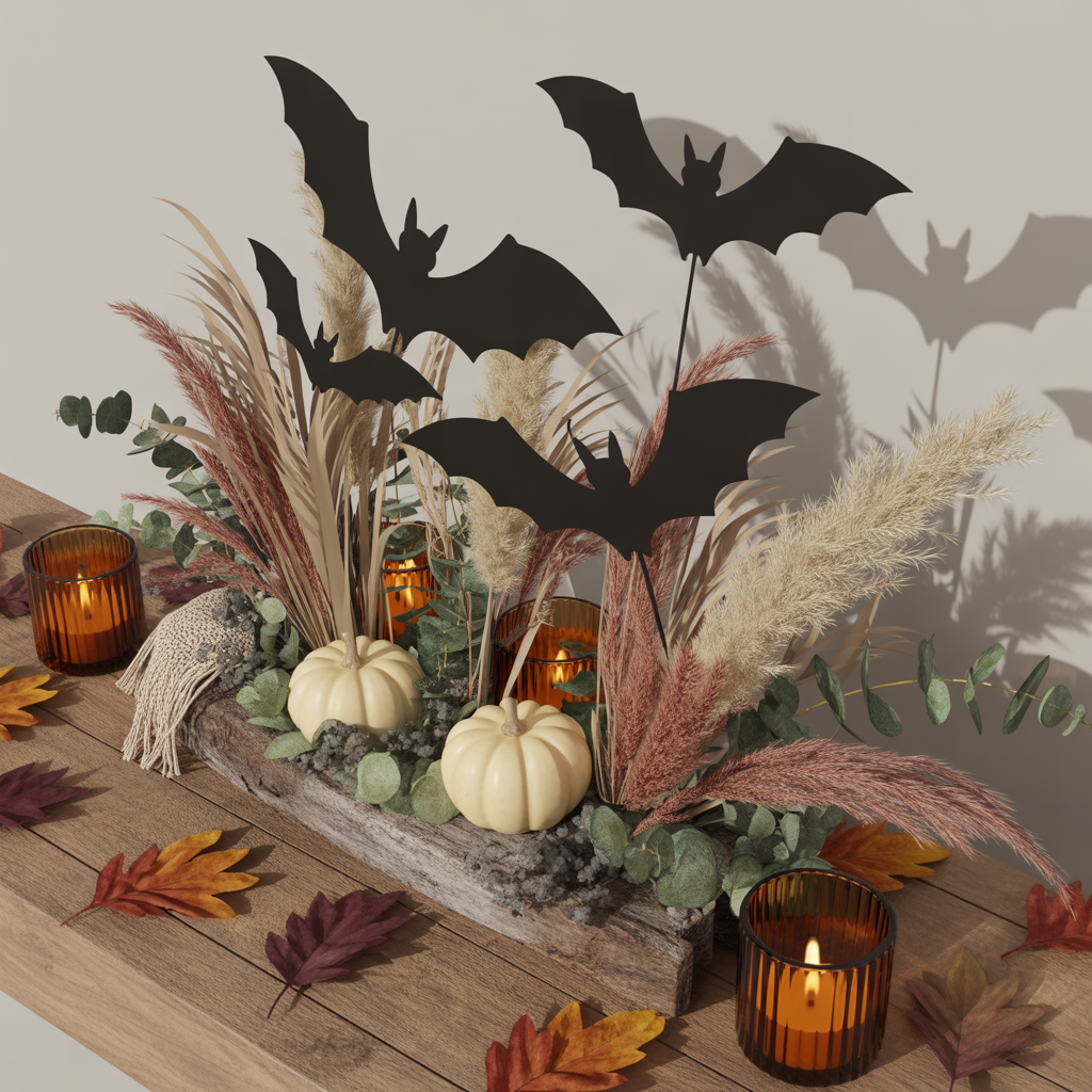 10 DIY Halloween Boho Centerpieces for a Festive Table 6 Halloween Boho Centerpiece with bat silhouettes on a plank